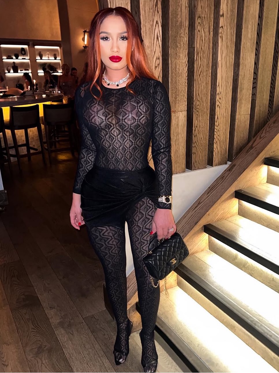 Marine Serre Black Long-Sleeve Lace Sheer Top